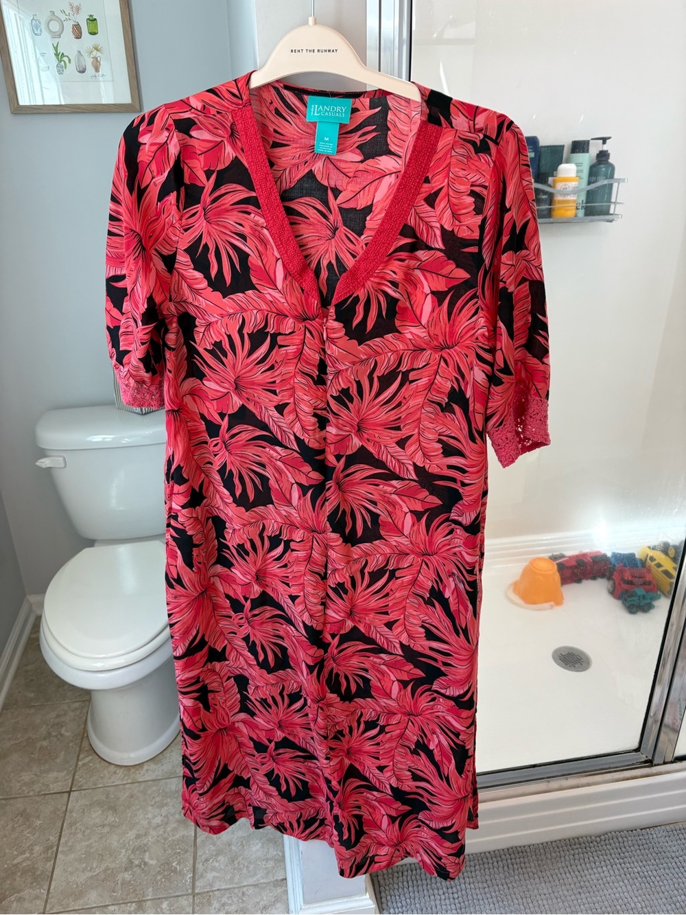 Kate Landry Black Dress with Red Tropical Leaf Print